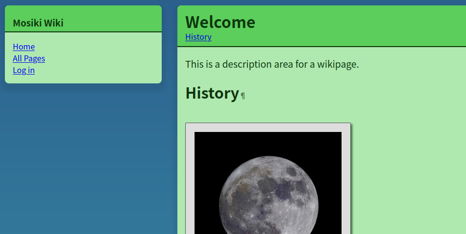 A small screenshot of a default mosiki welcome page