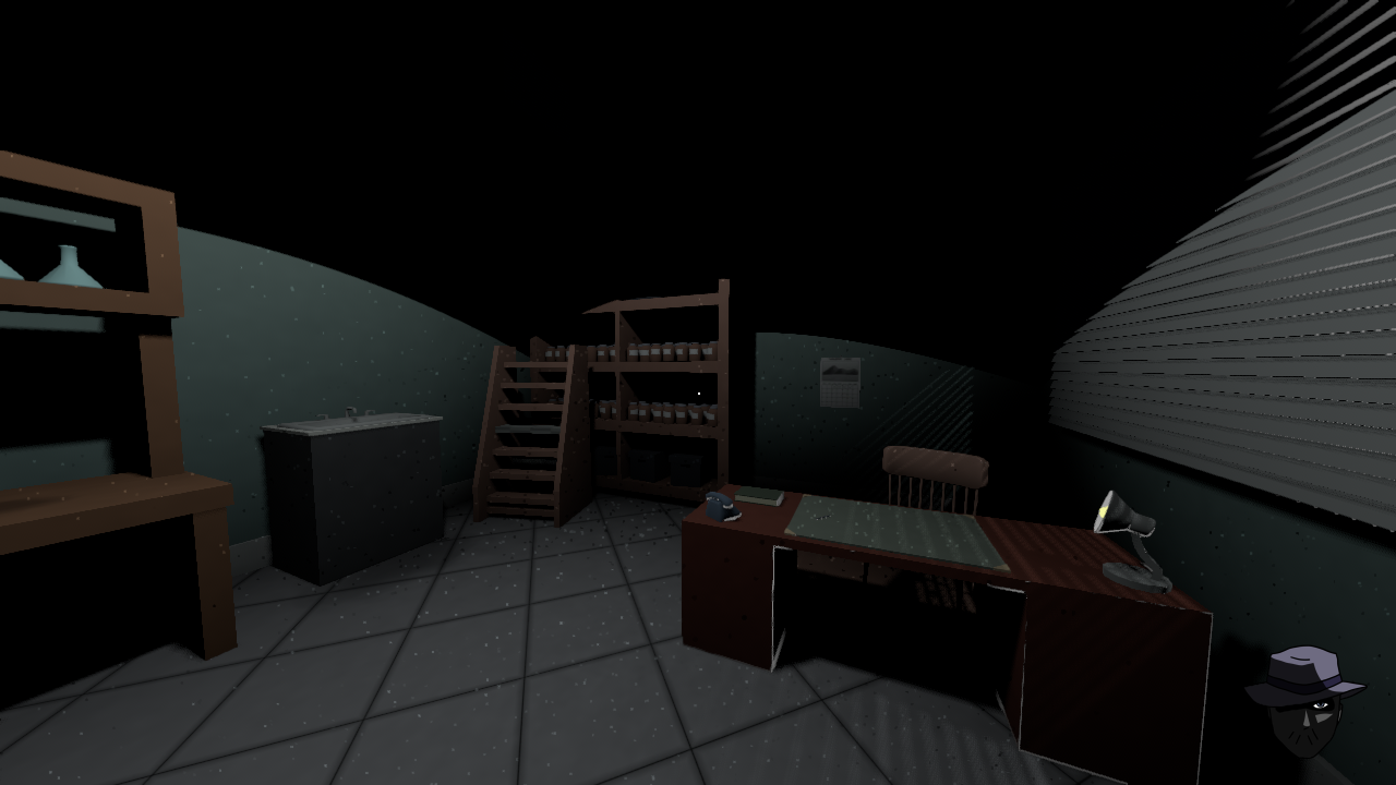 A screenshot of a small lab office with a diagional square tile floor pattern