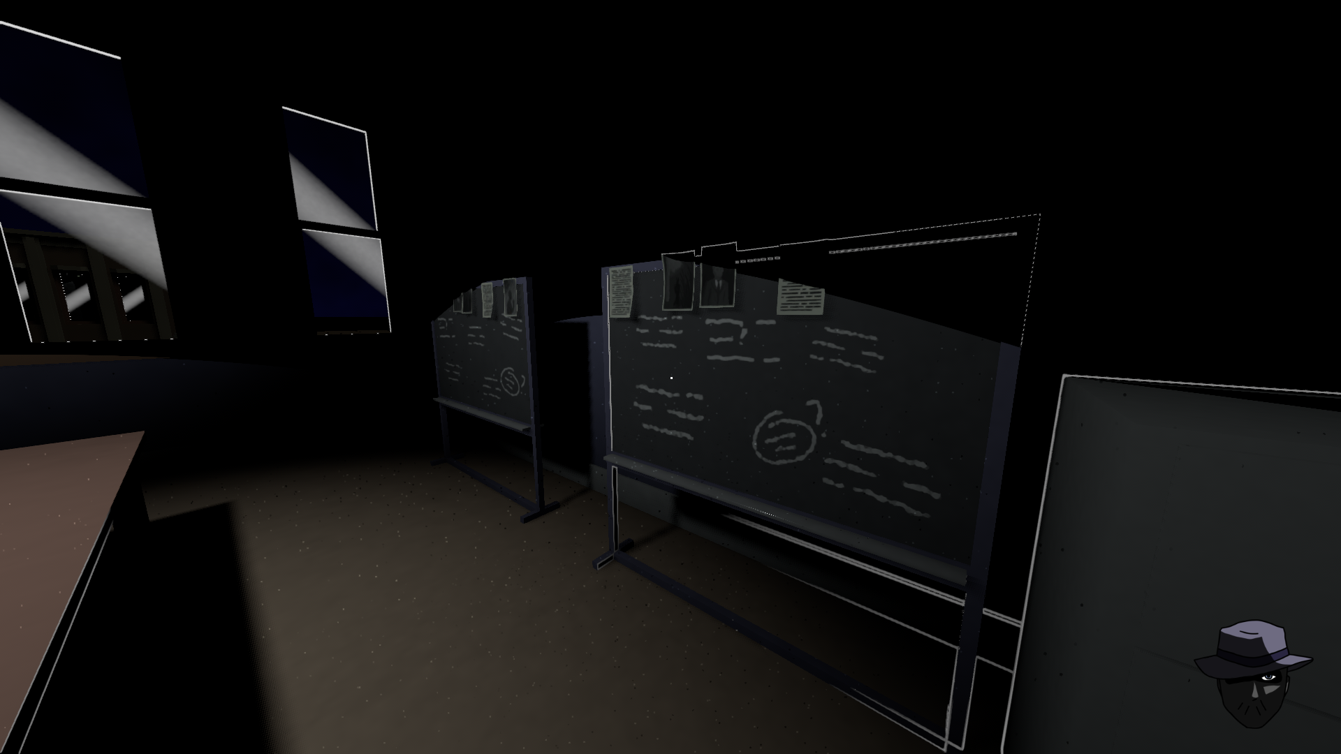 A work-in-progress screenshot for noirmancer depicting some chalkboards covered in photos and scribbled writings